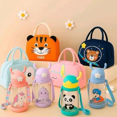 Imagem de Kit Infantil com Garrafa e Lancheira Térmica 3D, Design de Animais, Garrafinha com Canudo Retrátil e Alça Ajustável, Lancheira com Isolamento Térmico para Escola e Passeios
