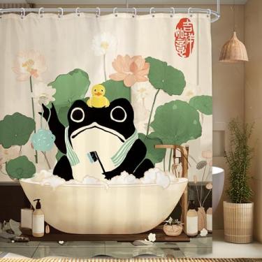 Imagem de LGhtyro Conjunto de cortina de chuveiro de sapo engraçado extralonga 188 cm L x 203 cm de altura estilo asiático animal pato folha de lótus floral planta botânica acessórios de banho bonito arte retrô