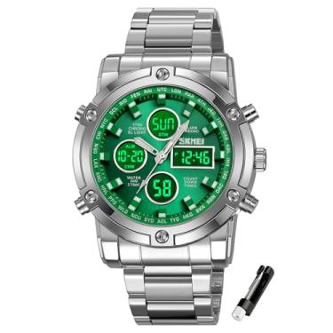 Imagem de SKMEI Relógio de pulso masculino, relógios digitais analógicos militares à prova d'água com cronógrafo multihorário de LED, relógios executivos de aço inoxidável para homens, 2556-Verde