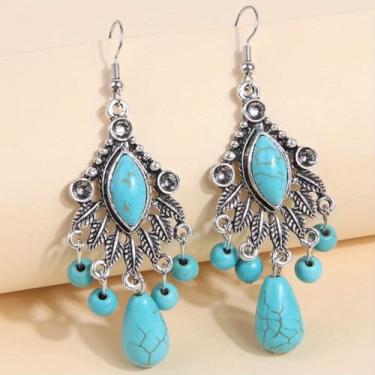 Imagem de Brincos femininos turquesa com pingente boêmio, ideia de presente elegante