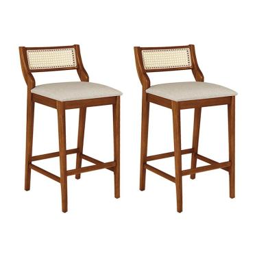 Imagem de Conjunto 2 Banquetas Lagum Conforto Estofada Jequitibá Natural Linho Bege Palha Sextavada