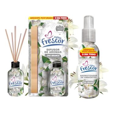 Imagem de Kit Aromatizador de Ambientes, Difusor de Varetas com Spray Chá Branco, 100ml e 120ml, Perfume Suave e Duradouro para Casa e Escritório, Design Cilíndrico