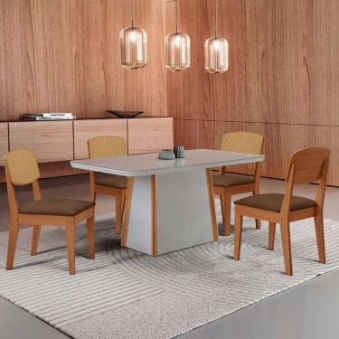 Imagem de Mesa Jantar Diane 120cm Tampo Mdf Vidro 4 Cadeiras Copper Prem Moderna Veludo Marrom Off White Serigrafia