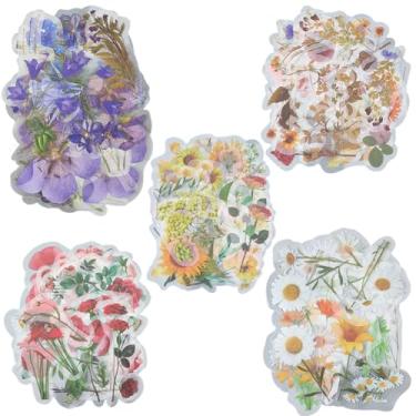 Imagem de CRASPIRE 200 peças 5 estilos adesivos de folha de flores PET adesivos de scrapbook colorido floral planta vintage retrô adesivos estéticos decalques enfeites para álbum de recortes, diário, skate