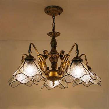 Imagem de Lustre de luxo americano para sala de estar, com LED, estilo mediterrâneo, para restaurante, quarto, villa, hotel, café ou bar, luminária pendente de vidro colorido (C 5 lâmpadas)