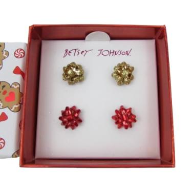 Imagem de Betsey Johnson Conjunto de brincos de laço de Natal, metal dourado e vermelho, 2 pares de caixa de presente com tema natalino