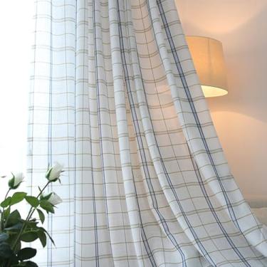 Imagem de SUOUO Cortinas semitransparentes xadrez azul de linho texturizadas para sala de estar 243,8 cm de comprimento com bolso para varão para janela para sala de jantar, quarto, 2 painéis