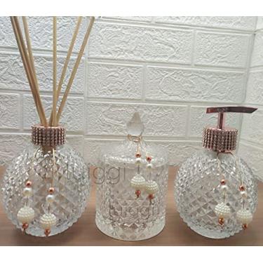 Imagem de Kit Lavabo Jogo Banheiro Porta Sabonete Líquido Aromatizador e Porta Algodão Cotonete-Cristal e Rosê Gold-Luiggi Presentes®