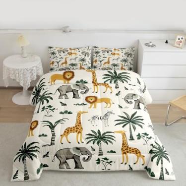 Imagem de jejeloiu Conjunto de edredom de animais da selva, girafa fofa, para todas as estações, com 1 fronha, elefante, solteiro, leão, decoração de quarto, folha de palmeira, amarelo e verde