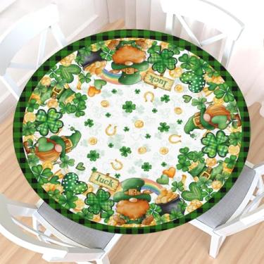 Imagem de Toalha de mesa redonda para o dia de São Patrício com borda elástica, resistente à água, trevo da sorte, trevo de trevo de búfalo, verde xadrez, capa de mesa para mesa elástica de 101,6 a 111,8 cm