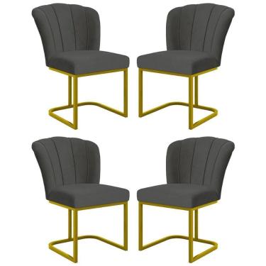 Imagem de Kit 4 Cadeiras Jantar Flor Mesa Cozinha Reforçada Base Metal Dourada Cinza