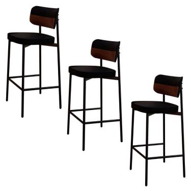 Imagem de Banqueta Alta Bar Estofada Kit 3 Ella M25 Linho Preto/marrom - Mpozenato