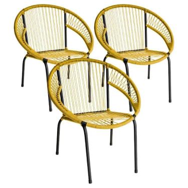 Imagem de Kit 3 Cadeira De Área Eclipse Tramado Fibra Sintética E Aço Amarelo