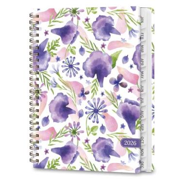 Imagem de Agenda 2026, calendário semanal e mensal, planejadores acadêmicos, janeiro de 2026 a dezembro de 2026, agenda de planejamento para material escolar de escritório, pétalas roxas