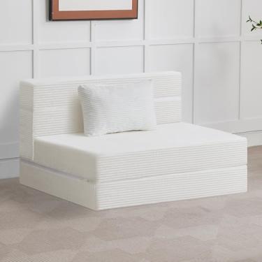 Imagem de WUTUTUEE Sofá-cama dobrável conversível sofá de chão cama cadeira dobrável com travesseiro, cadeira de dormir de linho, colchão dobrável de espuma viscoelástica para quarto/sala de estar/dormitório