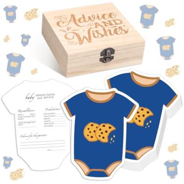 Imagem de RattanView 50 peças de roupa de biscoito dupla face para bebês previsão e conselhos de cartas de jogo com caixa de lembrança de madeira para decoração de chá de bebê (roupa de biscoito)