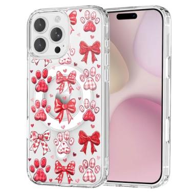 Imagem de OFQKOAKS Capa para iPhone 16 Pro, compatível com MagSafe, linda capa de celular romântica rosa animal pata laço magnético dia dos namorados, capa protetora fina e transparente para amantes