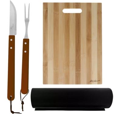 Imagem de Kit Churrasco 2 Peças Garfo e Faca Cabo Madeira Longo + Tabua de Corte Bambu + Manta Esteira Teflon