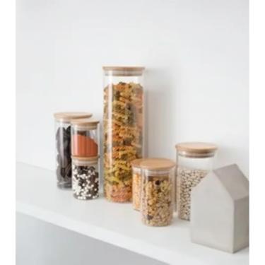 Imagem de Pote 450Ml De Vidro Com Tampa De Bambu Circular Mantimento - Oikos