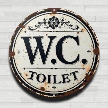 Imagem de Placa de vaso sanitário ornamentado vintage enferrujado alumínio rústico metal placa de parede redonda, 20 cm, presentes internos e externos e decoração para casa, escritório, café e fazenda