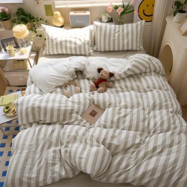 Imagem de MOTNTD Conjunto de capa de edredom solteiro listrado marrom com estampa boêmia, leve, listrado, quarto de fazenda, com 2 fronhas, conjunto de cama de microfibra lavada, protetor de edredom