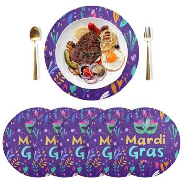 Imagem de Jogo americano Mardi Gras roxo para uso ao ar livre, conjunto de 6, 38 cm resistente ao calor, tapetes de PVC, para mesa de jantar, mesa de cozinha
