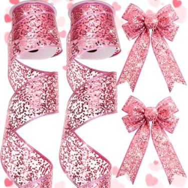 Imagem de Wesnoy 2 rolos de 6 cm x 10 metros de fita de malha de arame com glitter de Natal com lantejoulas metálicas brilhantes para artesanato, arcos de árvore de Natal, guirlanda de embrulho de presente