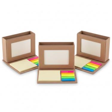 Imagem de Bloco de Notas Adesivas com Porta-Canetas e Porta-Retrato, Papelão Reciclado, Mini, Capa Dura, 5 Cores, 25 Folhas por Bloco, Retangular (3, Marrom)