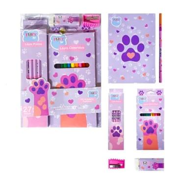 Imagem de Kit Escolar Artístico Patinhas, 27 Peças com 12 Lápis Pretos 12 Lápis Coloridos 1 Caderno para Desenhos 1 Apontador 1 Borracha
