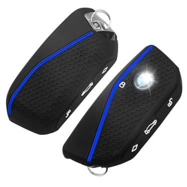 Imagem de QBUC 2 peças para BMW Key Fob Capa de silicone macio para BMW 2024 2023 2025 7 Series IX I5 M60 X5 X7 X6 IX I7 Protetor de chave de carro com anéis (azul)