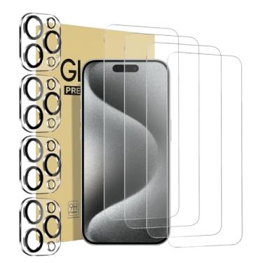 Imagem de Pacote com 4 protetores de tela para iPhone 15 Pro [6,1 polegadas] com 4 protetores de lente de câmera, película de vidro temperado, HD transparente, dureza 9H, sem bolhas, compatível com capas