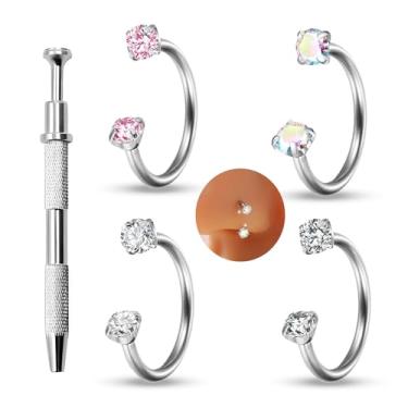 Imagem de HUASAI Anel de nariz em ferradura para mulheres 20G 18G aço titânio argola dupla argola argola prata ouro cartilagem helix tragus brincos pequenos labret lábio piercing joia, Large, Cristal, Sem Pedra