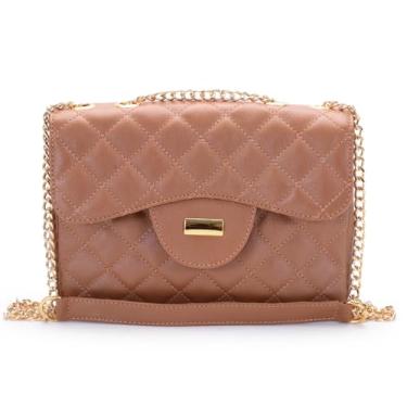Imagem de Bolsa Transversal Feminina Matelassê com Corrente Dourada, Alça Ajustável, Couro Legítimo (Caramelo)