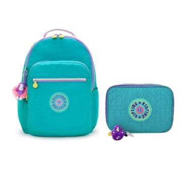 Imagem de Mochila Seoul + Estojo 100 Pens Kipling Rainbow Verde Água