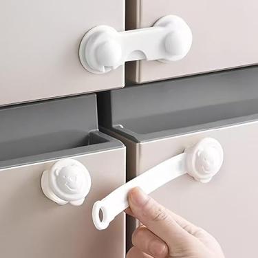 Imagem de Fechaduras de armário de segurança (brancas-2 longas + 2 curtas - 4 peças) Fechaduras de porta de armário com alça ajustável com adesivo para gaveta, armários, geladeira, armário, despensa, móveis