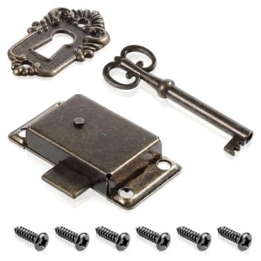 Imagem de Fechadura de armário vintage, fechadura de armário de bronze antigo com chaves, conjunto de fechadura de esqueleto de bronze antigo para móveis, armário, mesa, baú, gaveta e caixas de madeira