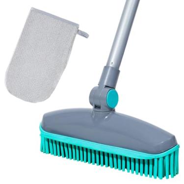 Imagem de Vassoura de borracha rotativa de 180° com rodo para remoção de pelos de animais de estimação – escova de ancinho com cabo de ferro de 127 cm para tapetes, pisos de madeira e azulejos, inclui luvas de