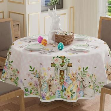 Imagem de XCHI Toalha de mesa redonda xadrez coelhinho ovos de cordeiro flores cruz coelho Páscoa toalha de mesa toalha de mesa lavável para decoração de jantar em casa 70 x 70 polegadas