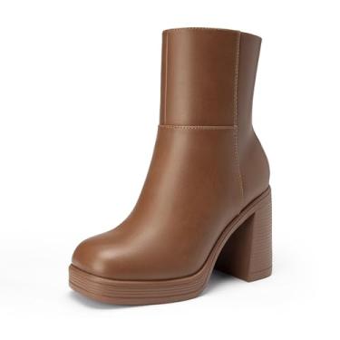 Imagem de Athlefit Botas femininas plataforma cano curto salto bloco grosso bico quadrado moda vestido botas de salto alto, Caramel, 38