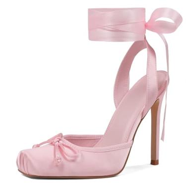 Imagem de Celbreez Saltos de balé de cetim stiletto para mulheres, bico quadrado, laço, cadarço, salto alto nude, sapatos femininos com tiras Mary Jane salto bailarina festa casamento sapatos fofos, rosa, 36
