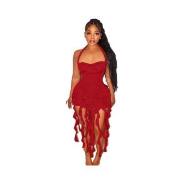 Imagem de Vestido Mini Feminino Slim Fit Com Gola Halter E Babados Nas Costas Pa