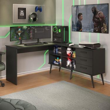 Imagem de Escrivaninha Gamer Em L Para Computador 3 Gavetas Nexus Multimóveis Mp4781 Preto