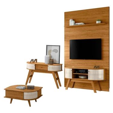 Imagem de Estante Home Theater com Bancada Silverstone e Aparador Estoril com Mesa de Centro Indianápolis Naturale Off White – Madetec