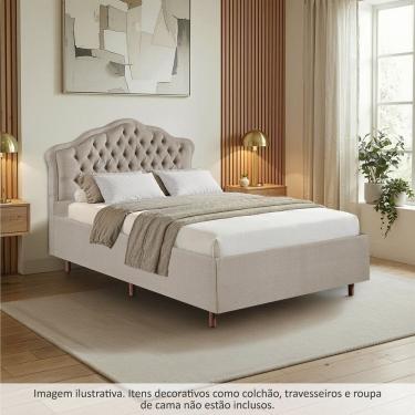 Imagem de Kit Cama Box Casal + Cabeceira Estofada com Botonê Bridgerton Espresso Móveis Linho Bege