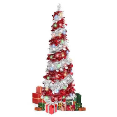 Imagem de Árvore de Natal Kungfuking de 5 pés com 90 luzes LED vermelha e prata