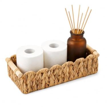 Imagem de Cestas de armazenamento de jacinto de água com borda recortada e alças de madeira – Caixas organizadoras decorativas para banheiro, prateleira sobre vaso sanitário, sala de estar, quarto, mesa de