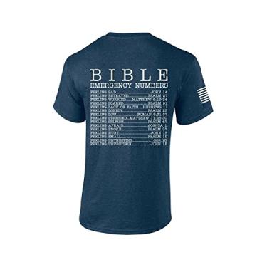 Imagem de Camiseta masculina de manga curta com números de emergência da Bíblia cristã, Azul-marinho mesclado, 3G