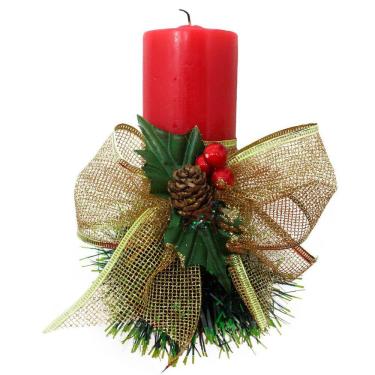 Imagem de Vela Natalina Vermelha Decorativa Para Natal Com Laço Dourado
