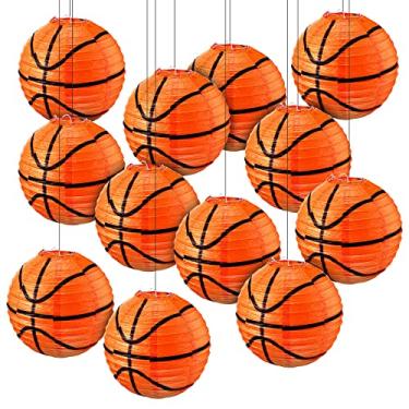 Imagem de 12 peças de lanternas de papel de basquete decorações de festa de 20,32 cm decorações de basquete para decoração de basquete de papel para teto de basquete peças de centro de basquete para esportes de mesa temáticos suprimentos de festa de aniversário