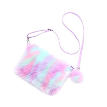 Imagem de KESYOO Bolsa de ombro feminina de pelúcia, cor arco-íris, bolsa de compras, bolsa transversal para itens pequenos, Roxa, 23X16.5X3.5cm